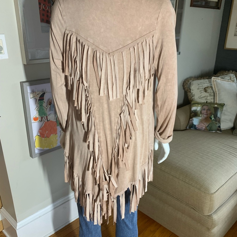 T Party beige distressed cardigan type fringe jacket. Stretchy material size M